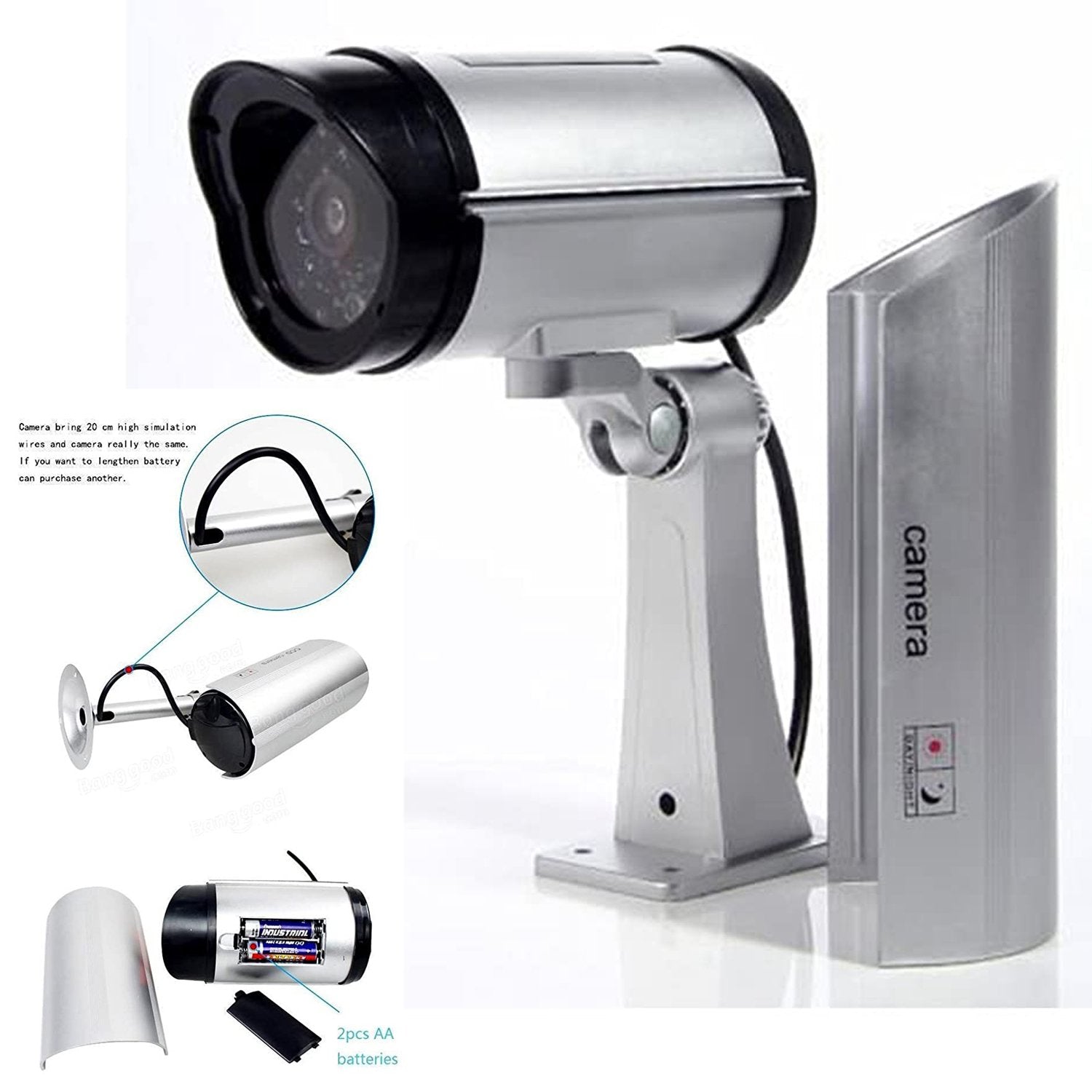 Dummy security camera with IR functionality, designed to appear like a real CCTV camera. Dummy security camera with IR functionality, designed to appear like a real CCTV camera.